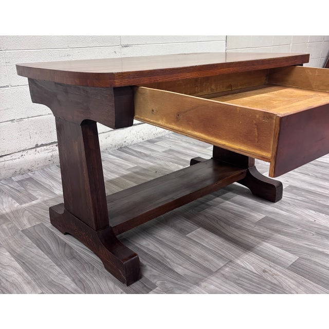 Antique Mission Oak Trestle Pedestal Base Library Table Console Hall Table For Sale - Image 10 of 14