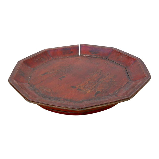 Antique Wooden Platter With Figurative Gilt Scene For Sale