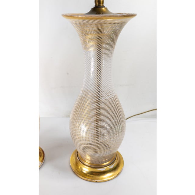 Mid-Century Pair of Italian Murano White and Clear Latticinio Lamps With Gilding For Sale In New York - Image 6 of 12