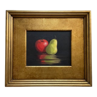 1990s Still Life Oil on Canvas Red Apple Green Pear Contemporary Frame For Sale
