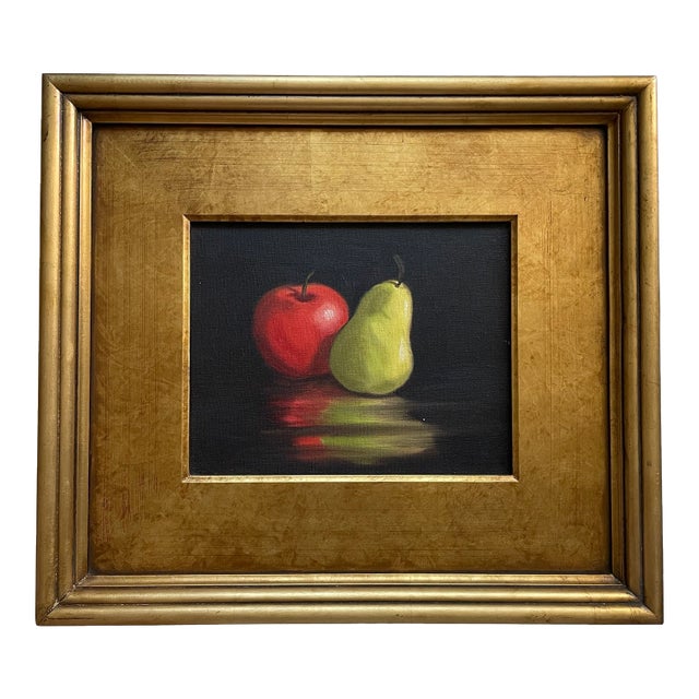 1990s Still Life Red Apple Green Pear Framed Oil on Canvas For Sale