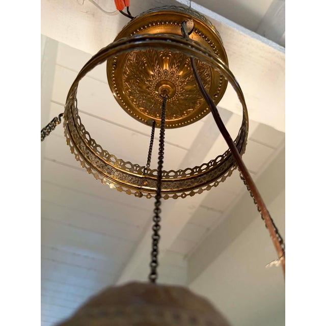 Antique Victorian Floral Painted Glass & Brass Hanging Chandelier With Crystal Prisms For Sale - Image 9 of 16