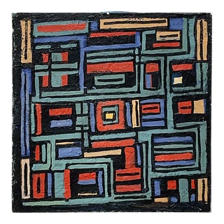 Vintage Boho Geometric Abstract Oil on Canvas For Sale