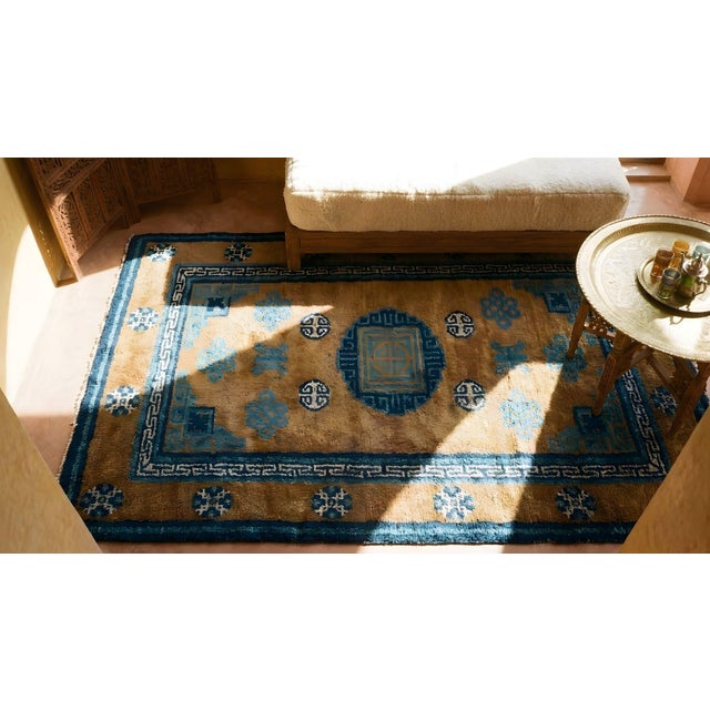 Marvelous Camel and Blue Cerulean Border Color With Geometric Design Antique Chinese Baotou Rug For Sale - Image 9 of 9