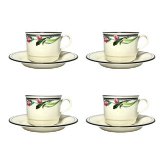 1990s Lenox “Midnight Blossoms” Set of 4 Ceramic Tea Cups & Saucers For Sale