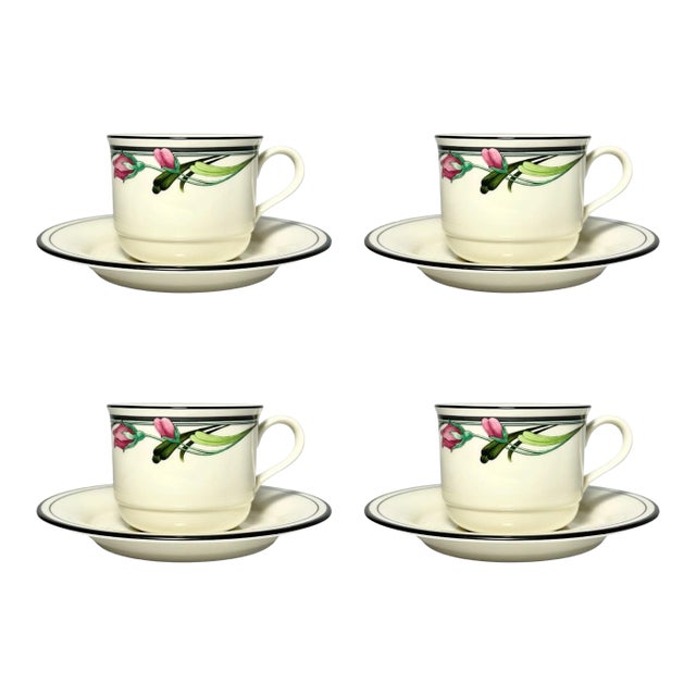 1990s Lenox “Midnight Blossoms” Set of 4 Ceramic Tea Cups & Saucers For Sale