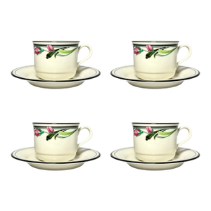 1990s Lenox “Midnight Blossoms” Set of 4 Ceramic Tea Cups & Saucers