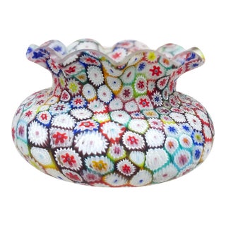 Fratelli Toso Murano Vintage Millefiori Flower Mosaic Rainbow Colors Italian Art Glass Ruffle Rim Vase For Sale