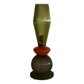 Mid-Century Round Orange and Green Murano Art Glass and Brass Table Lamp, 2000s For Sale