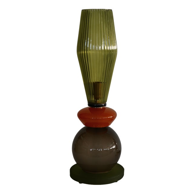 Mid-Century Round Orange and Green Murano Art Glass and Brass Table Lamp, 2000s For Sale