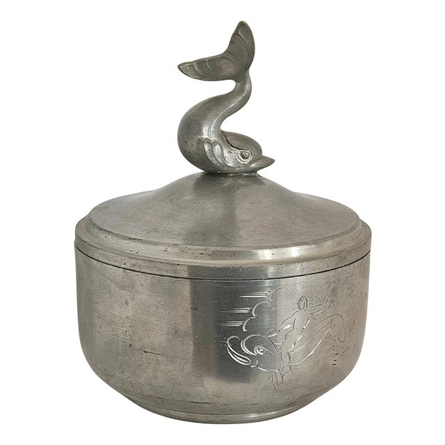 Swedish Pewter Lid Box Decor of Dolphin, 1931 For Sale