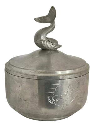 Swedish Pewter Lid Box Decor of Dolphin, 1931