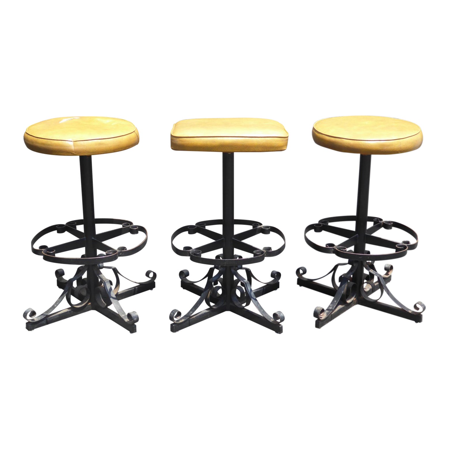 Set of Three Vintage Iron Spanish Style Gold Bar Stools Mid Century