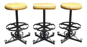 Set of Three Vintage Iron Spanish Style Gold Bar Stools Mid Century Modern