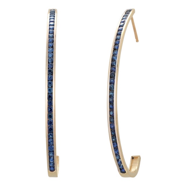 14k Yellow Gold Large Hoop Earrings With 2.15ct Round Sapphires, Pair For Sale