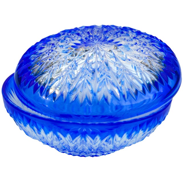 Mid 20th Century Crystal-Cut Blue Lidded Bowl For Sale - Image 5 of 8