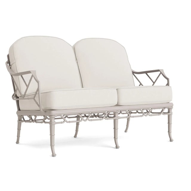 Brown Jordan Calcutta Loveseat, Dove frame with Fusion Natural fabric For Sale - Image 12 of 12