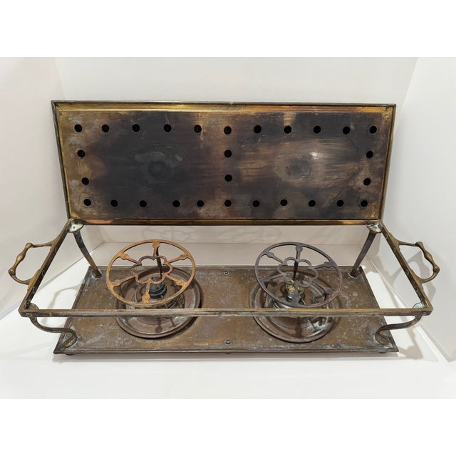 Antique Brass Double Burner Warming Stand Chafing Dish Base Hammered Top C. 1890–1910 For Sale In Atlanta - Image 6 of 10
