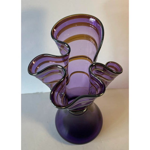 Murano Signed Art Glass Amethyst Handkerchief Vase With Swirled Lines For Sale - Image 4 of 12