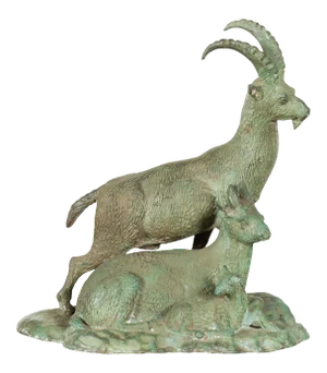 Vintage Lost Wax Cast Bronze Family of Ibex Sculpture with Verde Patina