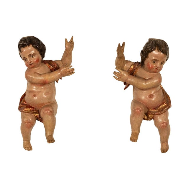 Baroque Pair Antique 18thC Italian Baroque Carved Polychrome Putti Angels Statues 1700 For Sale - Image 3 of 13