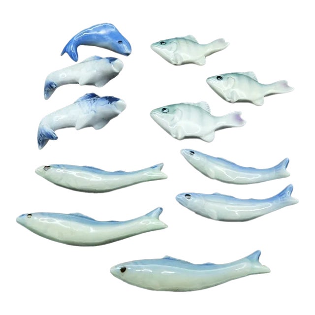 Vintage 1960s 1970s Japanese Fish Shaped Porcelain Chopstick Rests Holders- Set of 11 For Sale