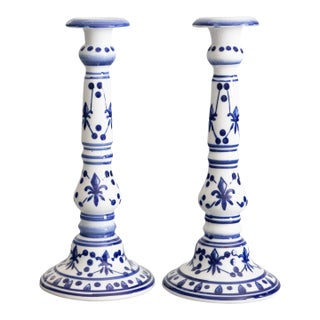 Vintage French Fleur-De-Lis Blue & White Porcelain Candlesticks - A Pair For Sale