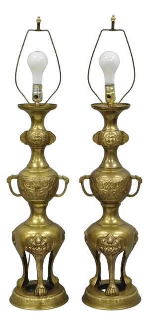 Vintage Chinoiserie James Mont Style Bronze Chinese Foo Dog Table Lamps (B) Pair