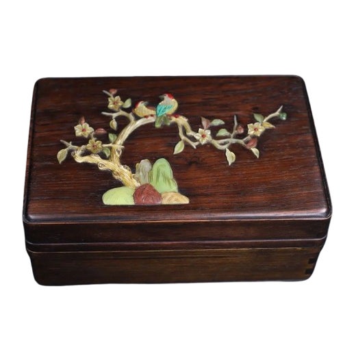 Huali Rosewood Box Inlaid With Hardstone Bird Motif For Sale
