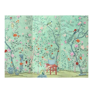 Hand-Painted Chinoiserie Wallpaper Panels – Luxury Green Botanical Bird Mural, Elegant Floral Wall Art, 3 Panels 36x79” For Sale