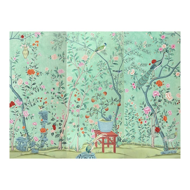 Hand-Painted Chinoiserie Wallpaper Panels – Luxury Green Botanical Bird Mural, Elegant Floral Wall Art, 3 Panels 36x79” For Sale