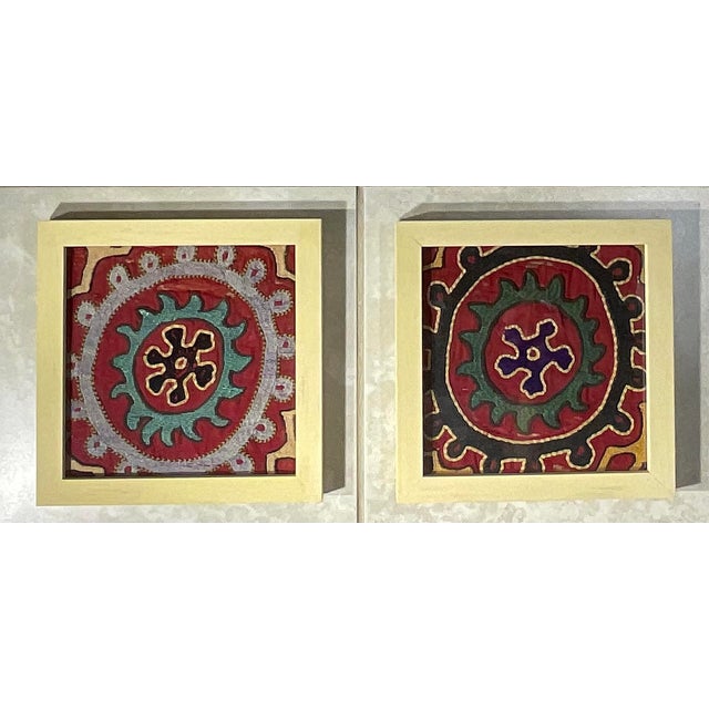 Exceptional antique hand embroidery fragments of Suzani textile, with circle of life round motif , professionally mounted...