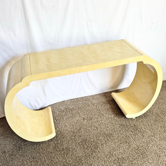 Postmodern Faux Goatskin Lacquered Waterfall Console Table For Sale - Image 4 of 12