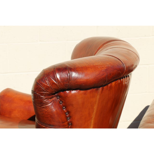 Pair of 1990s Henredon Churchill Tufted Distressed Brown Leather Club Chairs For Sale - Image 9 of 18