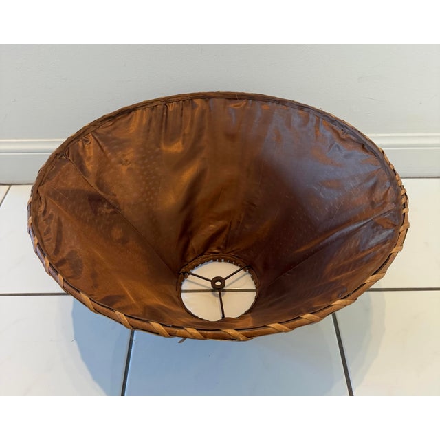 Mid-Century Modern Round Hand-Woven Rattan, Wicker Lined Fabric Lamp Shade For Sale In Miami - Image 6 of 6