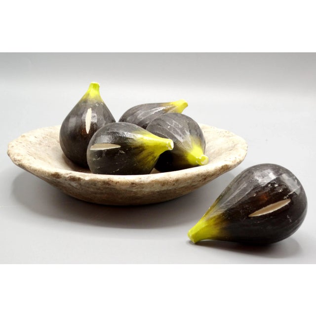 Late 20th-Century decorative marble bowl with alabaster figs fruit. This is a shallow hand hewn marble bowl with five...