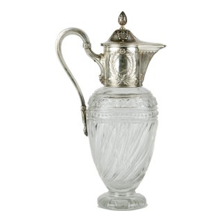 Late 19th Century Victorian Crystal Pitcher With Sterling Silver Mounted Collar and Hinged Lid, United Kingdom For Sale