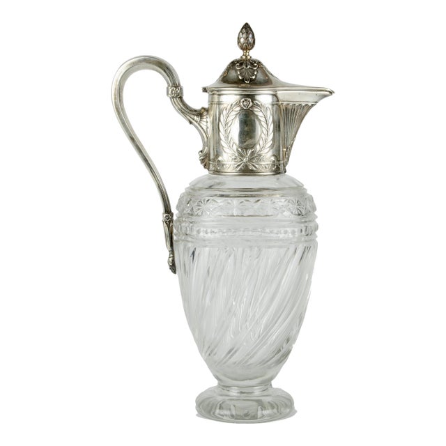 Late 19th Century Victorian Crystal Pitcher With Sterling Silver Mounted Collar and Hinged Lid, United Kingdom For Sale