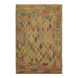 1990s Tribal Kilim Blue Beige Wool Rug - 6'7" X 9'6"