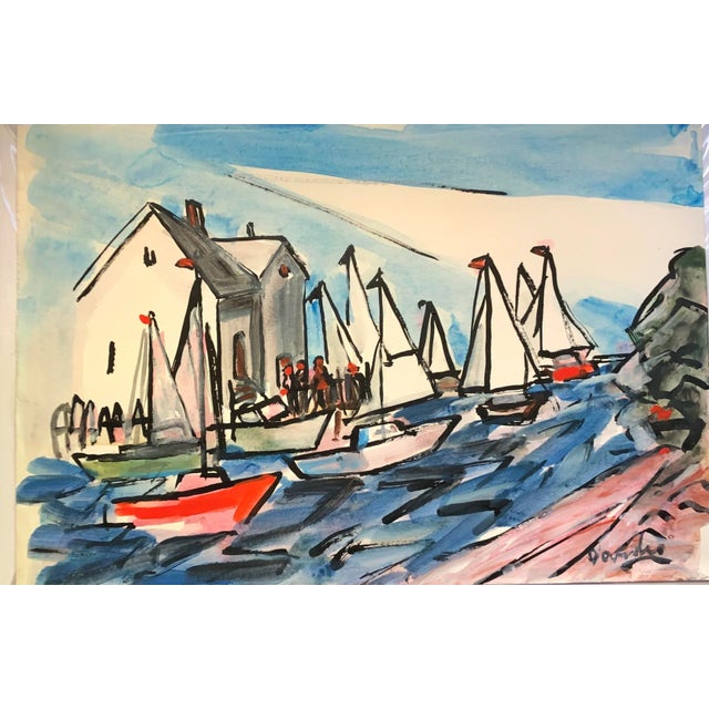 Original Vintage Abstract Sail Boat Village Modernist Watercolor Painting Signed For Sale - Image 4 of 4