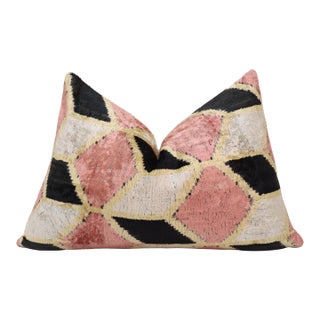 Blush Geometric Silk Velvet Lumbar Pillow 16x24 | Handmade Designer Accent Pillow For Sale