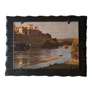 Vintage Hand-Carved Dark Wood Picture Frame With Landscape Print For Sale