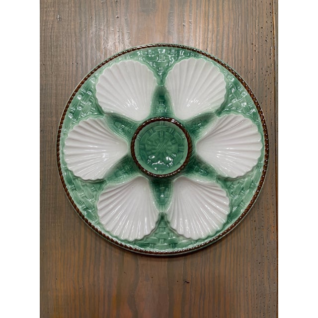 Antique 1920s French Longchamp Majolica Green and White Oyster Plate For Sale - Image 13 of 14