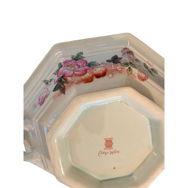 Aqua Vintage Chinoiserie Adams Calyx Ware Metz Aqua Blue Octagonal Covered Serving Dish For Sale - Image 8 of 11