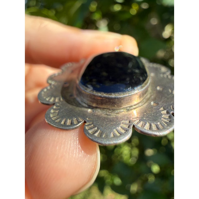 Vintage Taxco Mexico Sterling Silver Black Onyx Flower Pendant For Sale - Image 9 of 12