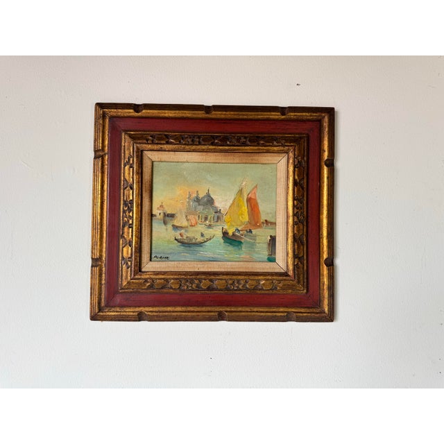 Abstract 1970s Vintage Venice Coastal - Sailboat Landscape Scene Oil Painting by L. Porino For Sale - Image 3 of 12