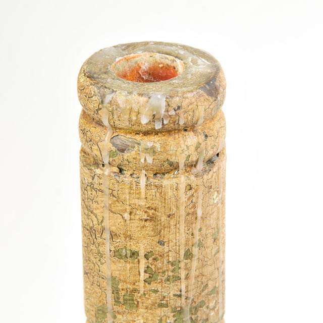 Beautiful French rustic chic style antique carved wood column candlestick holder pair with chippy paint and lots of aged...