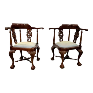 Vintage Carved Mahogany Chippendale Corner Chairs - a Pair