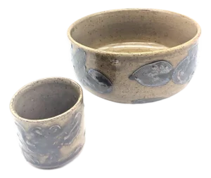 Vintage Otagiri "Sandhill Crane" Glazed Stoneware Bowl & Sake or Tea Cup