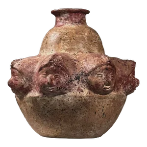 Vintage Mesoamerican Comala Style Ceramic Vessel With Sculpted Faces